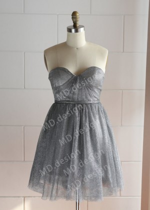 Gray Glittering Tulle Knee Length Prom Dress